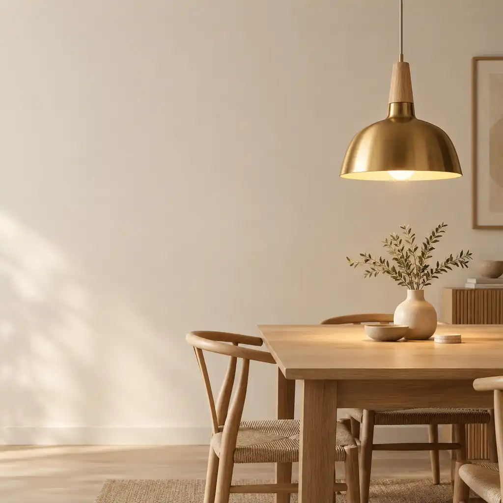 Elegancka lampa wisząca w stylu skandynawskim nad stołem w jasnym salonie
