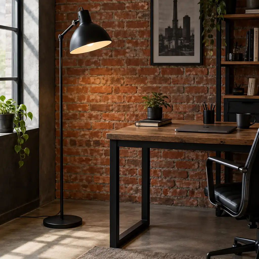 Biuro w stylu industrialnym z lampą stojącą o czarnym metalowym stelażu