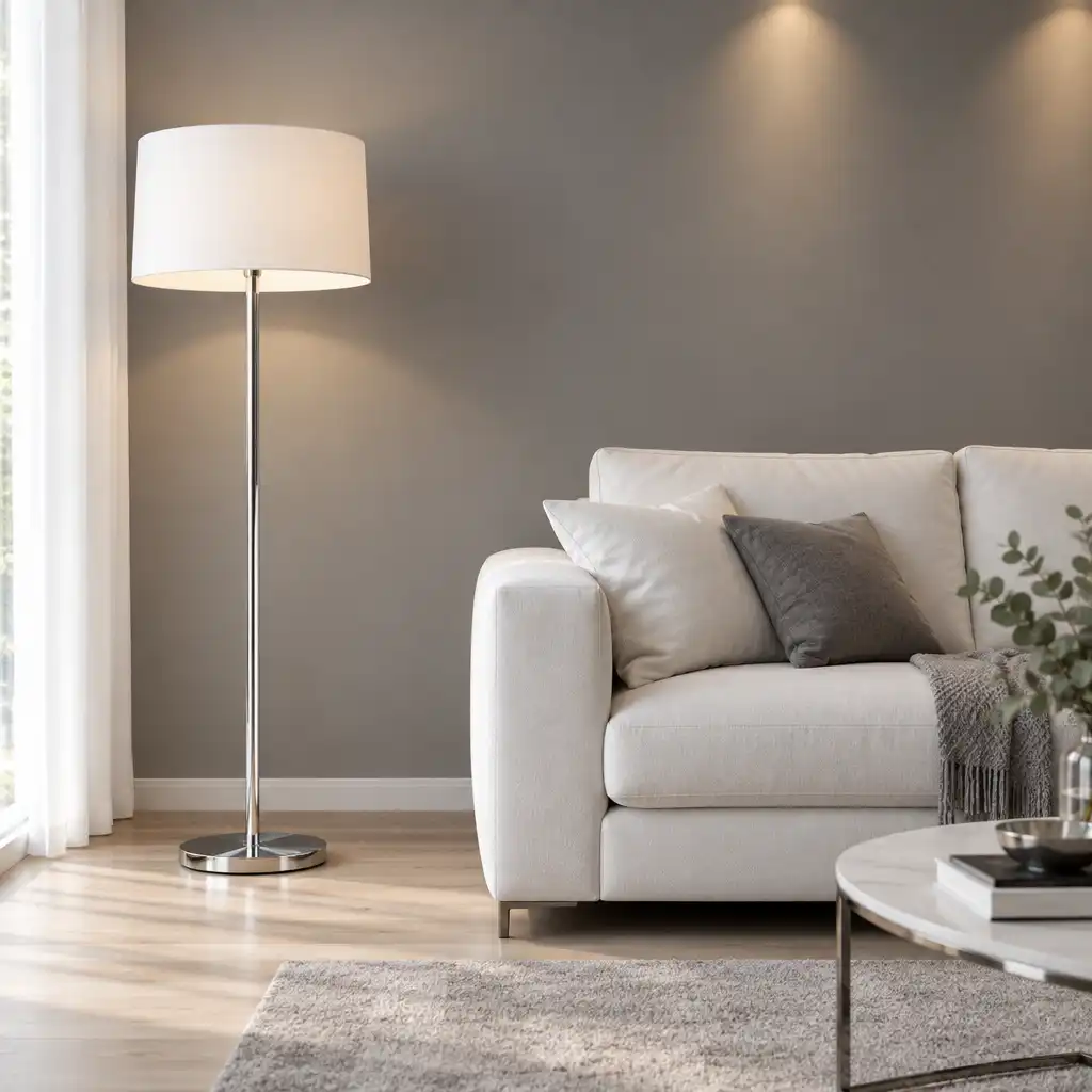 Salon w stylu nowoczesnym z lampą stojącą o chromowanej podstawie i białym kloszu