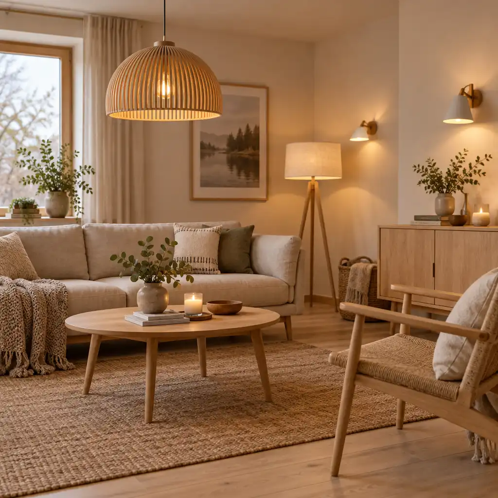 Salon w stylu skandynawskim z lampą wiszącą, stojącą i kinkietem