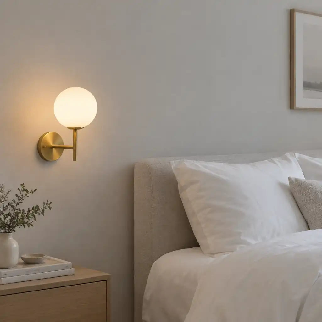 Kinkiet Aurora w kolorze mosiądzu z kloszem ze szkła opalowego, zamontowany na ścianie w sypialni obok łóżka