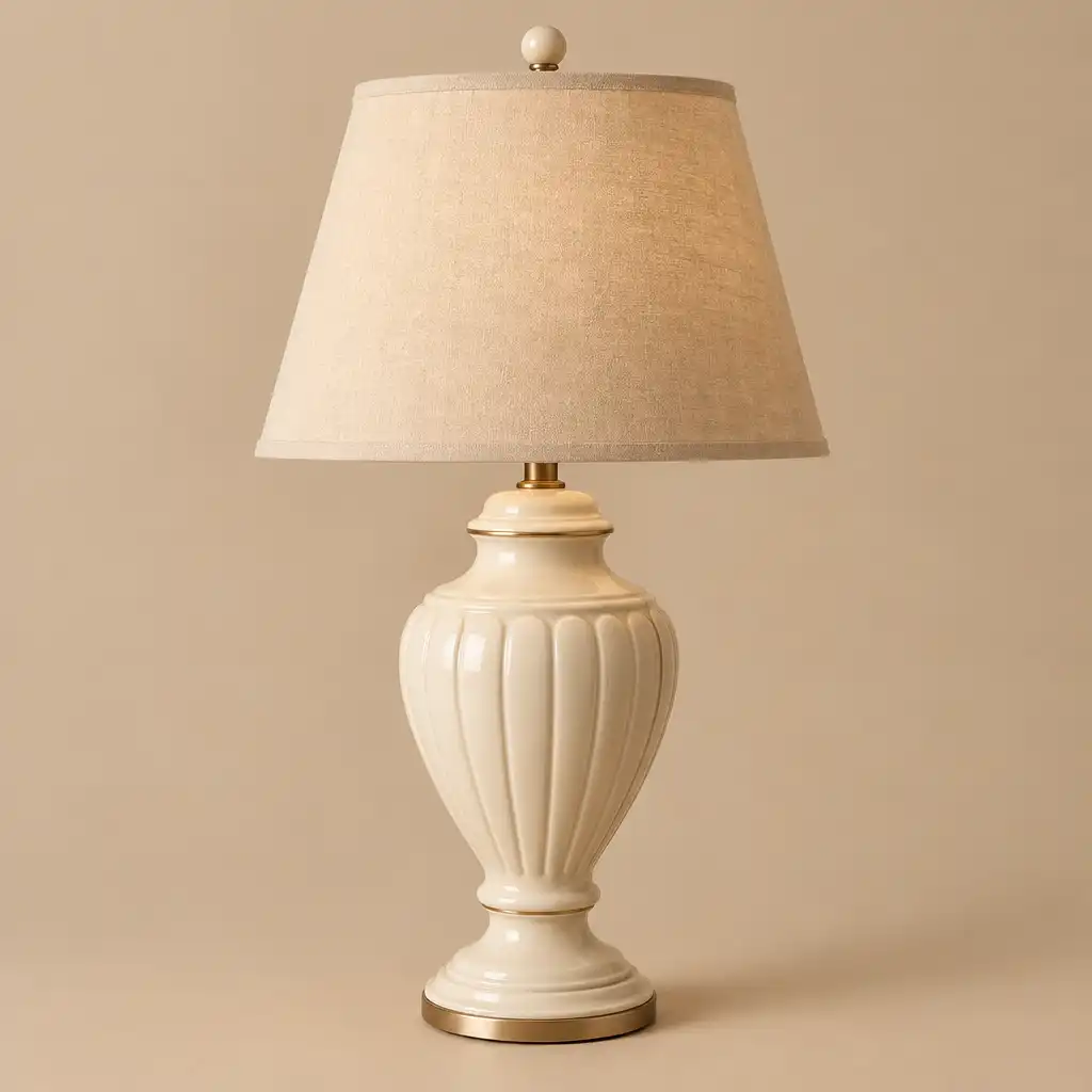 Lampa stołowa klasyczna z ceramiczną podstawą w kolorze kości słoniowej i tekstylnym abażurem w odcieniu beżu