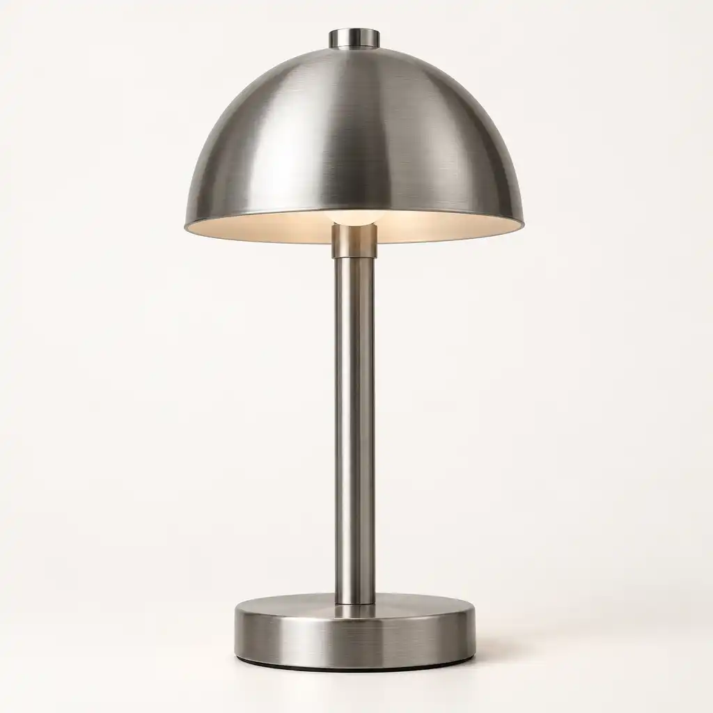 Lampa stołowa industrialna z metalową podstawą w kolorze szczotkowanego niklu i kloszem w kształcie kopuły