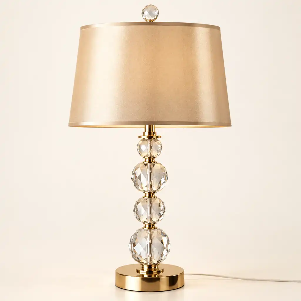 Lampa stołowa glamour z podstawą z kryształków i abażurem w kolorze szampańskim