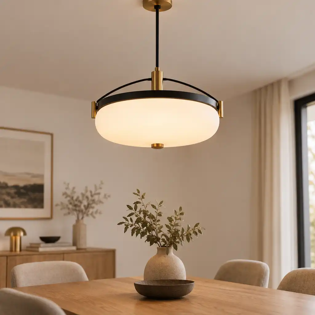 Nowoczesna lampa sufitowa z metalową konstrukcją i szklanym kloszem w minimalistycznym wnętrzu
