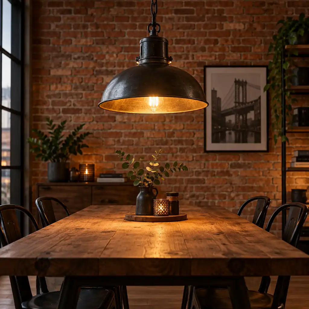 Lampa wisząca w stylu industrialnym nad stołem w jadalni