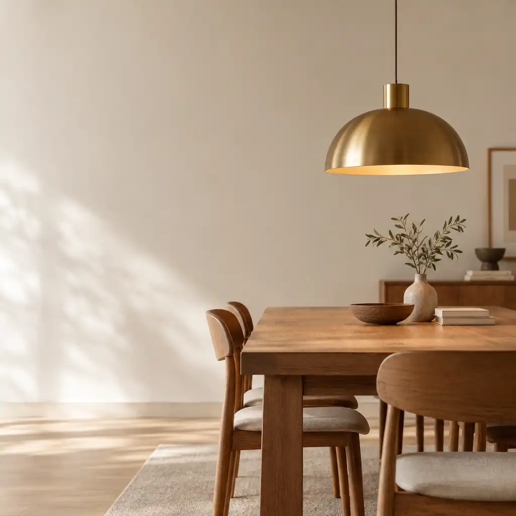 Elegancka lampa wisząca z mosiężnym kloszem zawieszona nad drewnianym stołem w nowoczesnej jadalni