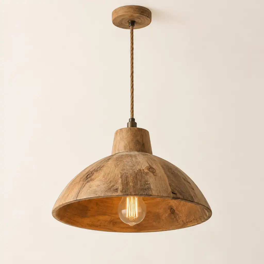 Lampa wisząca rustykalna z drewnianym kloszem