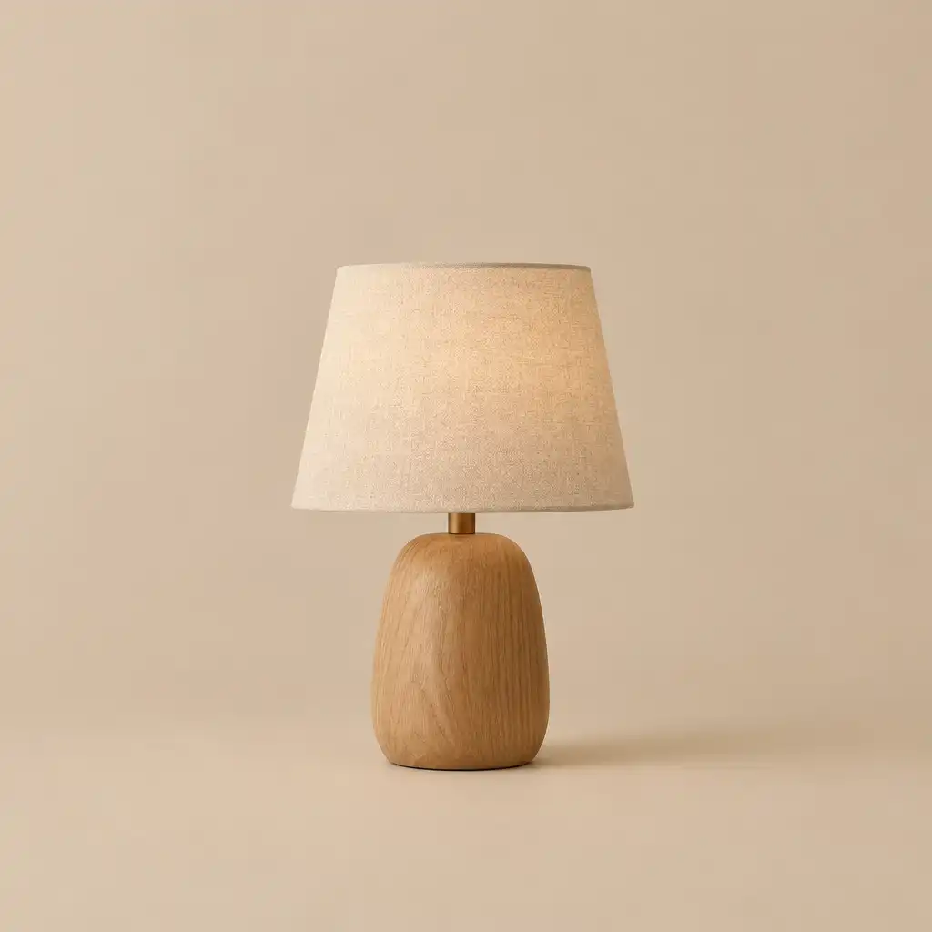 Lampa stołowa Zen z drewnianą podstawą i beżowym abażurem