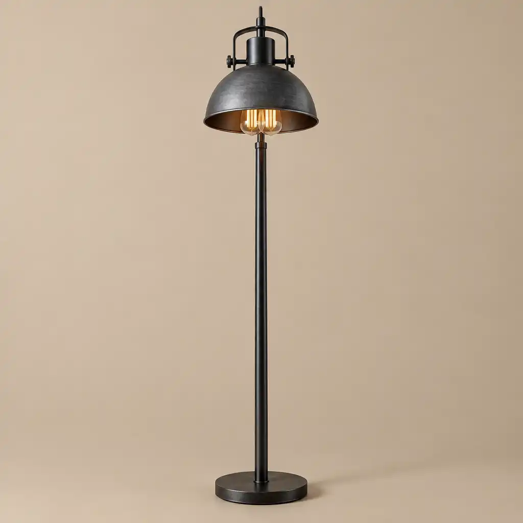 Lampa stojąca industrialna z czarnym metalowym stelażem i grafitowym kloszem