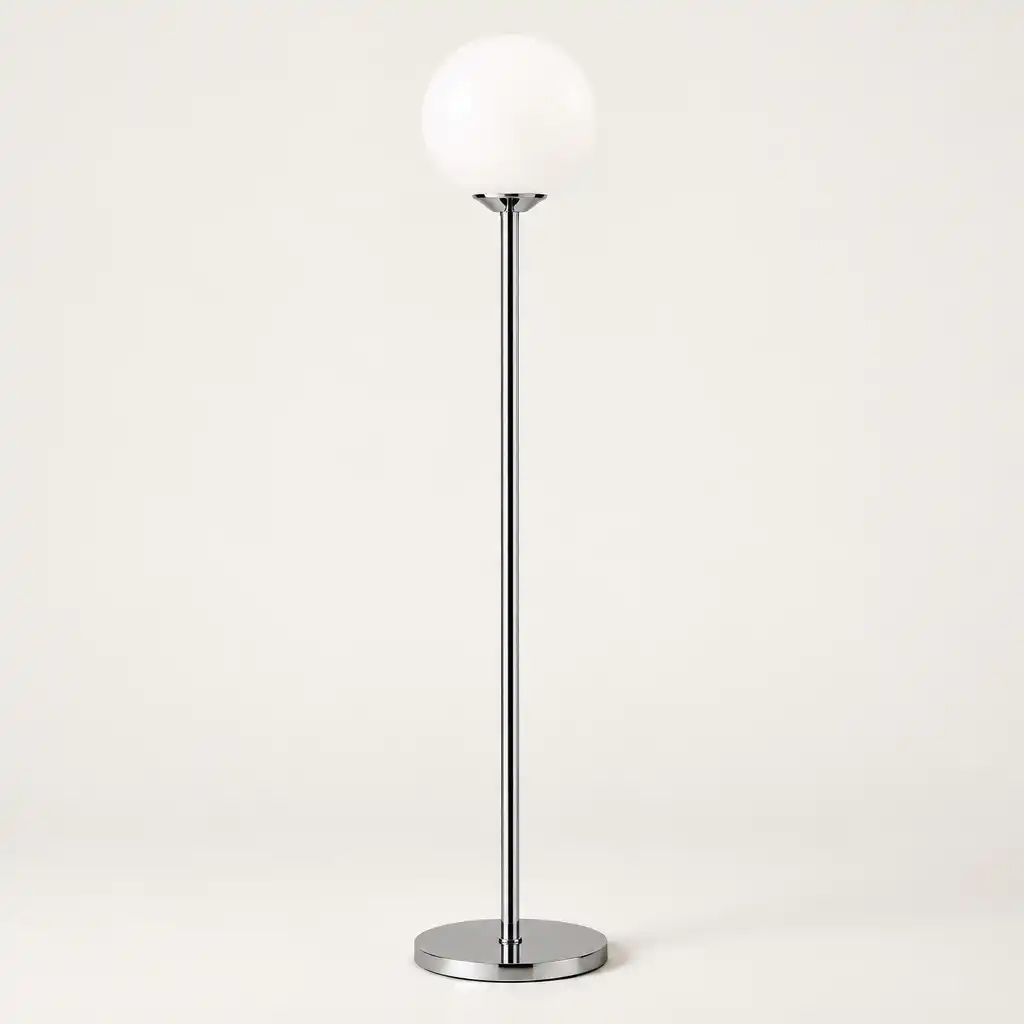 Nowoczesna lampa stojąca z chromowanym metalem i białym kulistym kloszem