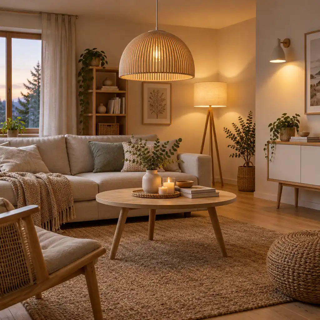 Przytulny salon w stylu skandynawskim z lampą wiszącą, stojącą i kinkietem